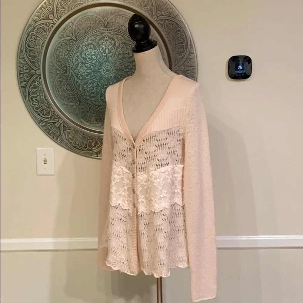 Free People Pale Blush Pink Lace & Knit Button-Up Cardigan - Picture 3 of 13